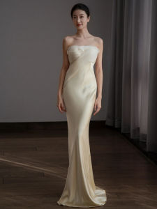 Elegant Fish Tail Wedding Dress Satin Evening Gown Engagement Party Bridal Robe Luxurious Minimalist French Style Beauty