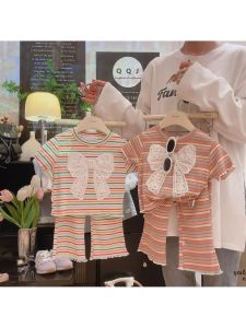 ชุดเด็กผู้หญิงฤดูร้อนลายทางแขนสั้นกระโปรงขาบานสองชิ้น ชุดเด็กสไตล์เกาหลีสุดน่ารักและทันสมัย