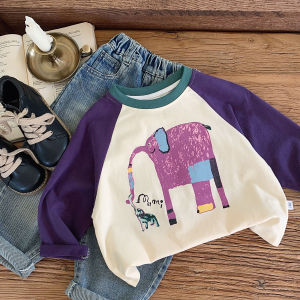 Long Sleeve Cartoon Print T-Shirt for Boys Baby Clothes Autumn Collection Korean Style Straight Cut Casual Cotton Blend Fabric