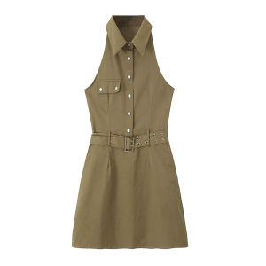 Slimming Hot Girl American Retro Style Sleeveless Collared Workwear Skirt Dress with Belt A-Line Summer Single Piece Pure Color