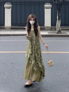 French Style Retro Blooming Sling Dress Womens Summer Seaside Vacation Style Temperament Fake Two-Piece Asymmetrical Long Skirt