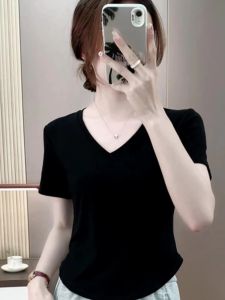 Slim Fit V-Neck Short Sleeve Pure Cotton T-Shirt Korean Style Commute Casual Creative Cartoon Print Womens Top Summer Wear