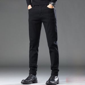 HENGYUANXIANG | Hengyuanxiang Mens Thickened Fleece Lined Casual Jeans Mid High Waist Button Style Youthful Autumn Winter Black Long Pants