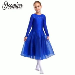 Girls Ballroom Lyrical Flamenco Dance Performance Costume Sheer Mesh Long Sleeve Wide Hemline Flared Dress Ballet Dresses