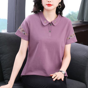 Fashionable Pure Cotton Short Sleeve Polo Shirt Embroidered Neck Top for Middle-Aged And Elderly Women Summer Breathable T-Shirt