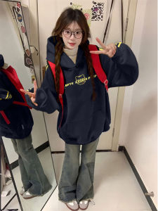 Womens Autumn Winter Fleece Lined Hoodie And Flared Jeans Two Piece Set Student Fashion Trendy Streetwear Cotton Long Sleeve