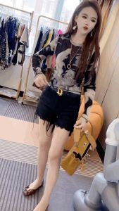 Long Sleeves round Neck T-Shirt Womens Ink Color Retro T-Shirt Bottoming Shirt 23 Summer Fashion Mesh Lace Bright Silk Silm Tops