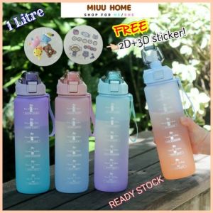 1000mL Water Bottle Straw Bottle Sticker Bottle Waterproof Large Gradient Color Portable Botol Air 1000mL Cantik