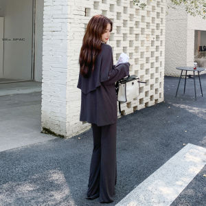 Fashionable Deep Grey Womens Two-Piece Set with Shoulder Shawl And Wide Leg Pants Autumn 2025 Casual Style High Waist Polyester Fiber