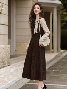 Vimly | False Two Piece Slimming Puff Sleeve Dress