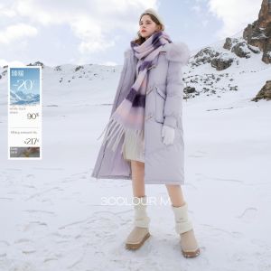 3COLOUR·S | White Duck Down Fox Fur Collar Warm Hooded Long Coat