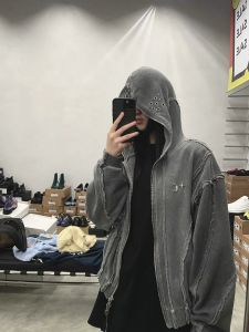 Heavyweight Wax Dyed Washed Zipper Hoodie American Casual Cardigan Jacket Trendy Youth Loose Fit Metal Decoration Streetwear