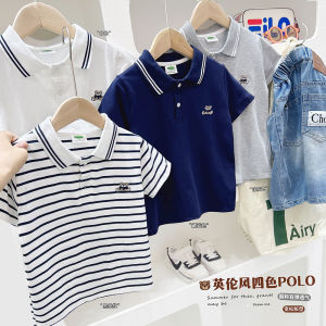 Boys Loose Fit Short Sleeve Polo Shirt Striped T-Shirt Summer Casual Wear Comfortable Breathable Cotton Blend Half Sleeve Top