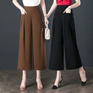 2025 New Wide Leg Pants Women Middle Age Mom Nine Points Casual Fashion High Waist Polyester Fiber Slimming Leisure Trousers