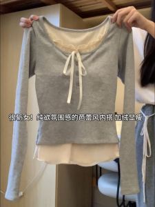 Gray Ballet Style Base Shirt Womens Autumn Winter Fake Two-Piece Bow Knot Inner Wear Korean Style Slim Fit Breathable Long Sleeve