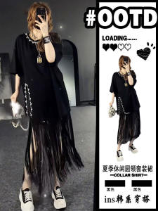Loose Casual Womens Short Sleeve T-Shirt Black Large Size 2025 New Style Embellished Slit Commute Style Korean Version