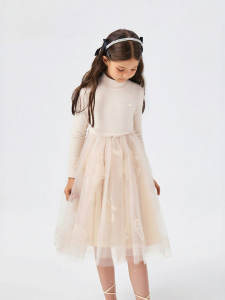 Spring Suitable Netted Yarn Splicing Half-high Collar Girls Dress