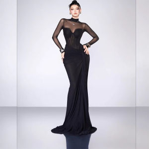 Black Transparent Silk Fishbone Dress Autumn Elegant