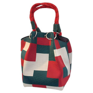 Womens Color Block Knit Tote Bag Bucket Bag Storage Bag with Adjustable Straps & Metal Rings Snap Closure for Casual Travel