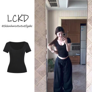 Slim Fit American Cool U-Neck Short Sleeve T-Shirt Womens Basic Style Summer Hot Girl Black Top Cotton Polyester Blend