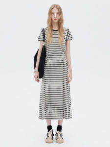 Shuen Summer Thin Color Woven Pleated Slim Fit Long Dress Short Sleeve Women Casual Style Gathered H-Line Cotton Blend Dress