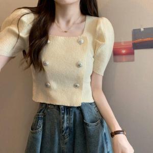 French Style Square Collar Short Sleeve T-Shirt Womens Summer New Double Button Design Sensation Small Fragrance Style Slim Fit Versatile Short Top