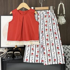 Summer New 3-7Y Girls Casual Clothes Korean Version Children Sleeveless O-Neck Tassel Top + Flower Print Pants 2 Pcs Set