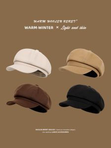 Black Octagonal Beret Hat Womens Autumn Winter Large Head Size 20-25 New Versatile Painter Cap Duckbill Beret Hat