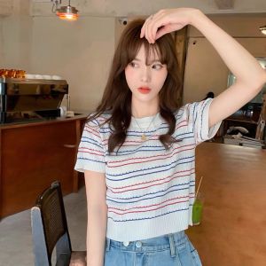 Áo thun dệt kim croptop nữ kiểu kẻ ngang cổ tròn tay ngắn phối màu trẻ trung năng động