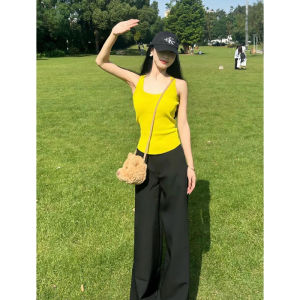 YUEZHONGWEI | Yellow U-Neck Slim Fit Knit Halter Top Summer Wear