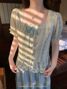 MASISI | Áo Blouse Cổ Vuông Voan Hoa Tay Ngắn Kích Cỡ Lớn