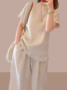 Shalldoer | Summer 2025 Womens Two-Piece Set New Chinese Style Apricot Short Sleeve Shirt Straight Leg Casual Pants Button-Down Ensemble