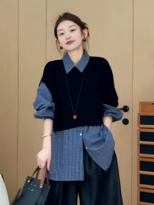 เสื้อถักคอโปโลสีดำทรงหลวมสำหรับผู้หญิงไซส์ใหญ่ ฤดูใบไม้ร่วง เสื้อคลุมไหล่ ชุดคลุมกันหนาว ทรงหลวม ทรงเข้ารูป แขนยาว