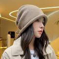 Lazy Style Knitted Ball Cap Womens Autumn Winter Fashion Big Head Scarf Wrapped round Top No Brim Hat Female Model. 