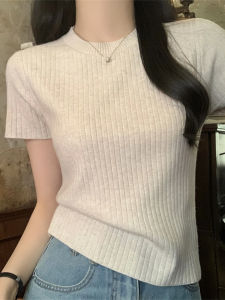 Elegant Knitted Short Sleeve Slim Fit T-Shirt Womens Fashion Summer Shirt Cotton Low round Neck Sweet Style College Trend