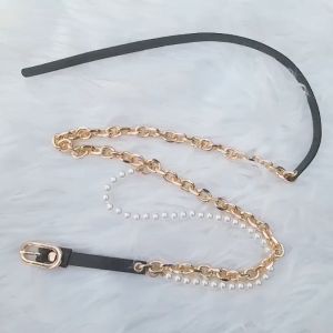 Thắt lưng da khóa cài phối dây xích chuỗi ngọc dây lưng xích da PU cá tính