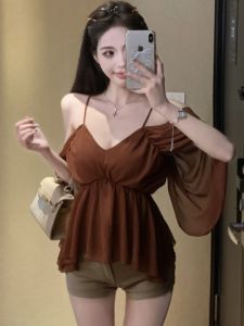 GUZILIAN | French Style Off-Shoulder Lace Trim Loose Long Sleeve Sun Protection Chiffon Top Womens Spring Design Sensation Small Audience Waist In