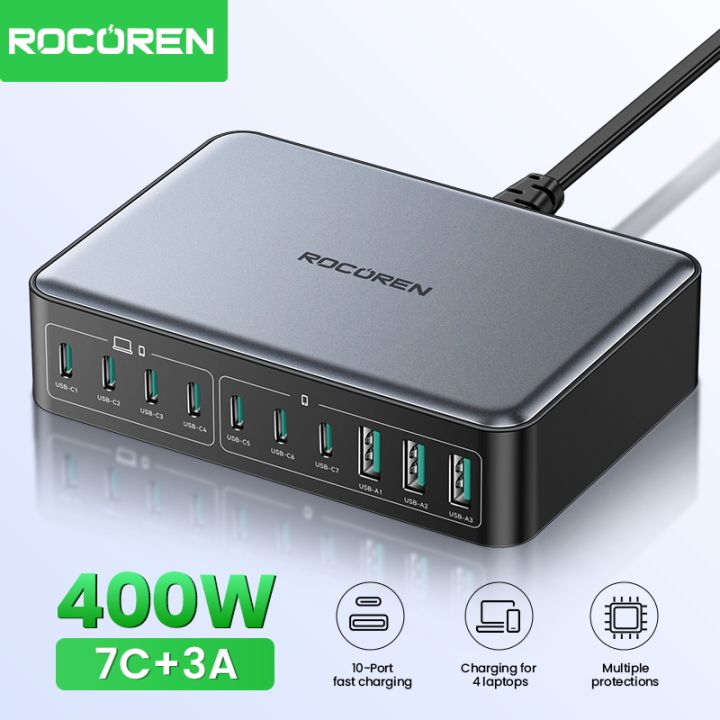 Rocoren 400W GaN 10-Ports Fast Charger 7C+3A 7*USB-C+3*USB-A Desktop ...