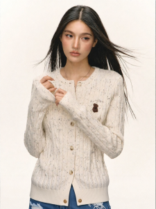 Ariseism | Áo Cardigan Knit cổ tròn họa tiết gấu thiết kế kiểu Mỹ vintage