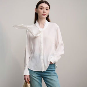 AMII | French Elegant Loose Tie-neck Linen-blend Shirt Autumn