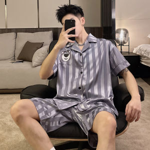 miiow | Mens Summer Ice Silk Sleepwear Thin Short Sleeve Shorts Set Casual Wearable Home Clothes Lightweight Breathable Comfortable