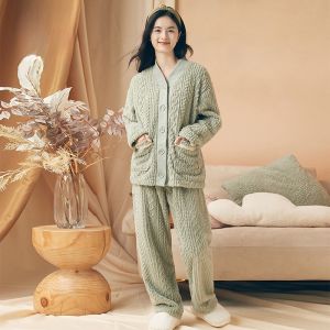 LUNILAI | Thickened Fleece Warm Home Clothes Set Large Size V-neck Casual Style Long Sleeve Polyester Fabric Winter Season Womens Suit