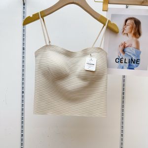 Gufy 2025 New Ice Silk Strap Vest Womens Seamless Gathered Fixed Cup Anti-exposure Backless Top Commute Style Short Length