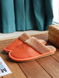 Haining Leather Slippers Home Indoor Women Thick Bottom Waterproof Non-Slip Warm For Home Cowhide Noodles Cotton Slippers Winter Men