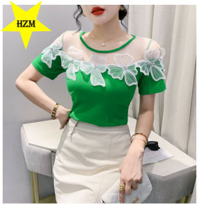 HZM 2023 summer new stitching lace diamond-encrusted flower short sleeve T-shirt womens fashion all match design sense of mesh top