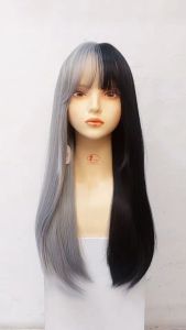 Ryuuta Wig Basic Cap Lurus Panjang Lolita Ulzzang Black Silver 60 cm