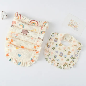 Baby Bib Printed Ruffled Edge Muslin Burp Cloth Lace Saliva Towel Waterproof Sandwich Infant Bibs