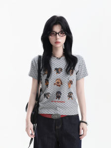 zuocisankon | Youthful Korean Style Dachshund Print Slim-fit Polka Dot T-Shirt