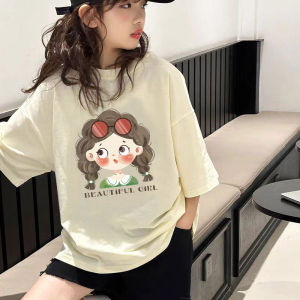 New 2025 Pure Cotton Half Sleeve Childrens T-Shirt for Girls Summer Fashionable Short Sleeve Top in Apricot Color Casual Style