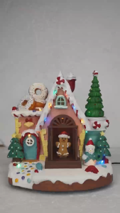 FC906 Gingerbread House Donut Christmas Decor with Lighted Gingerbread Man and Snowman